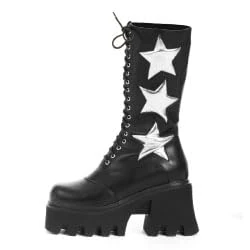 Lamoda Big League BlackPU Silver Star Chunky Platform Calf Boots UK5, lace up knee-high design, cushioned insole, bold platform for stylish streetwear and party looks