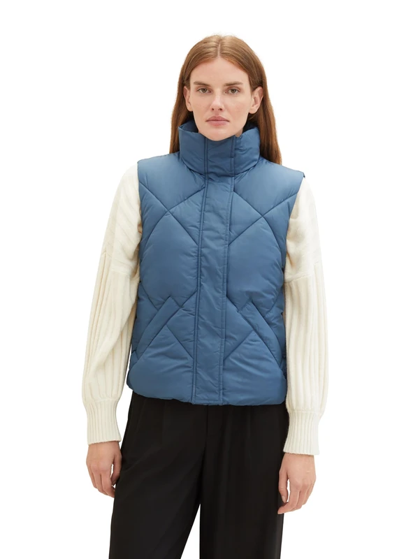TOM TAILOR Women's Quilted Vest with Stand-Up Collar, Stormy Sea Blue, XS, 10904 Stormy Sea Blue, XS