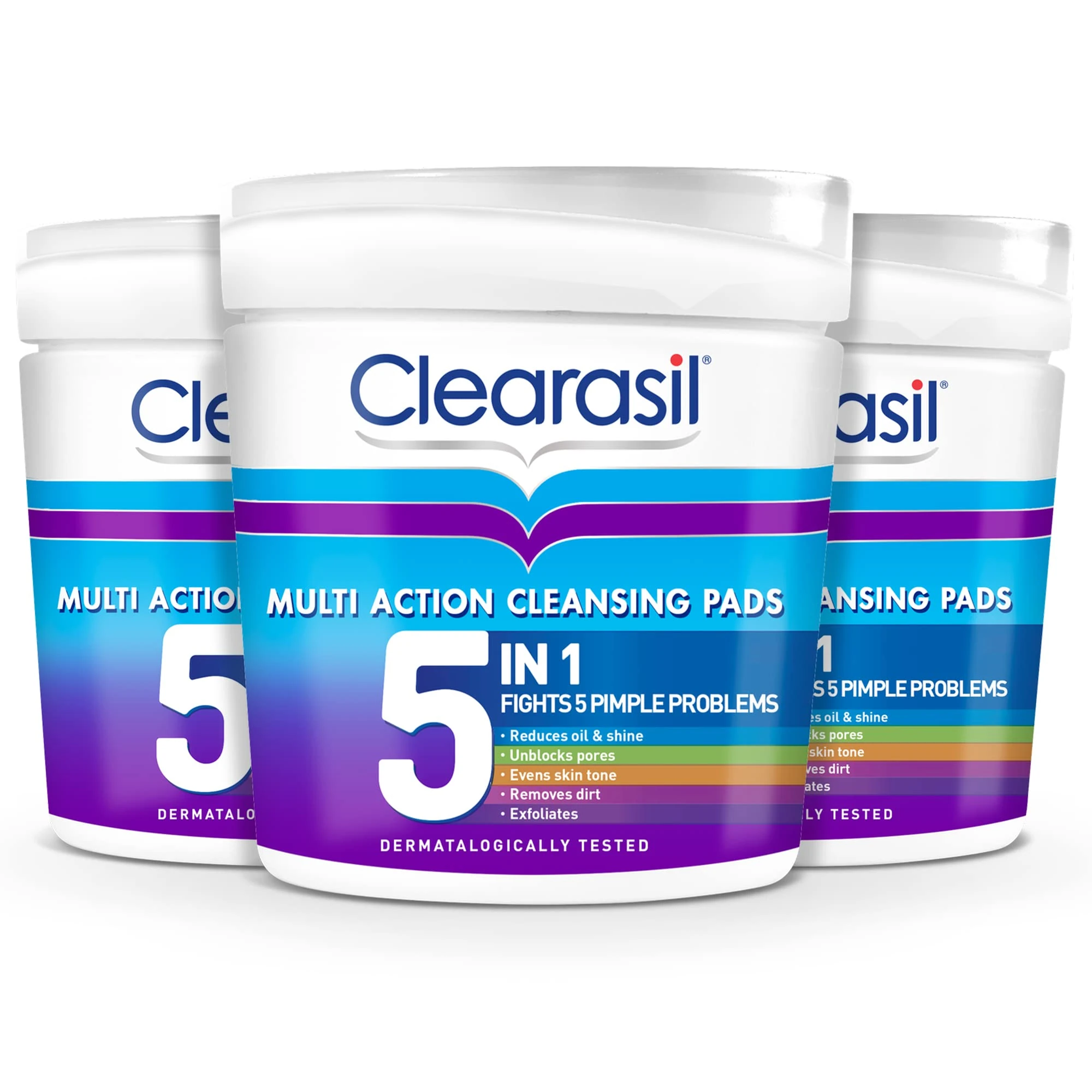 Clearasil 5-In-1 Multi-Action Cleansing Salicylic Acid Pads, Face Exfoliating For Acne Prone Skin, Unblock Pores, Reduces Blackheads, Pimples & Excess Oil, Everyday Spot Prevention, 65 Each x 3