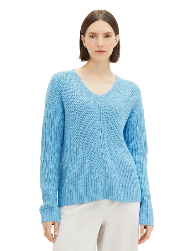 TOM TAILOR Women's Basic V-Neck Jumper, 12391 - Clear Light Blue Melange, S