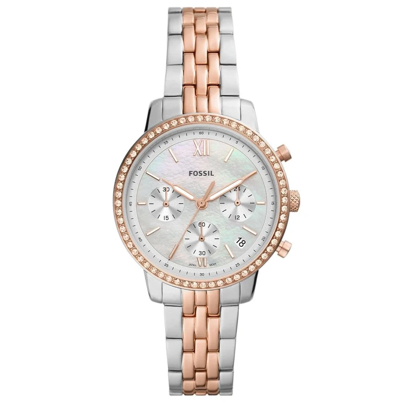 Fossil Neutra Watch for Women, Chronograph Movement with Stainless Steel or Leather Strap, Silver and Rose Gold Tone