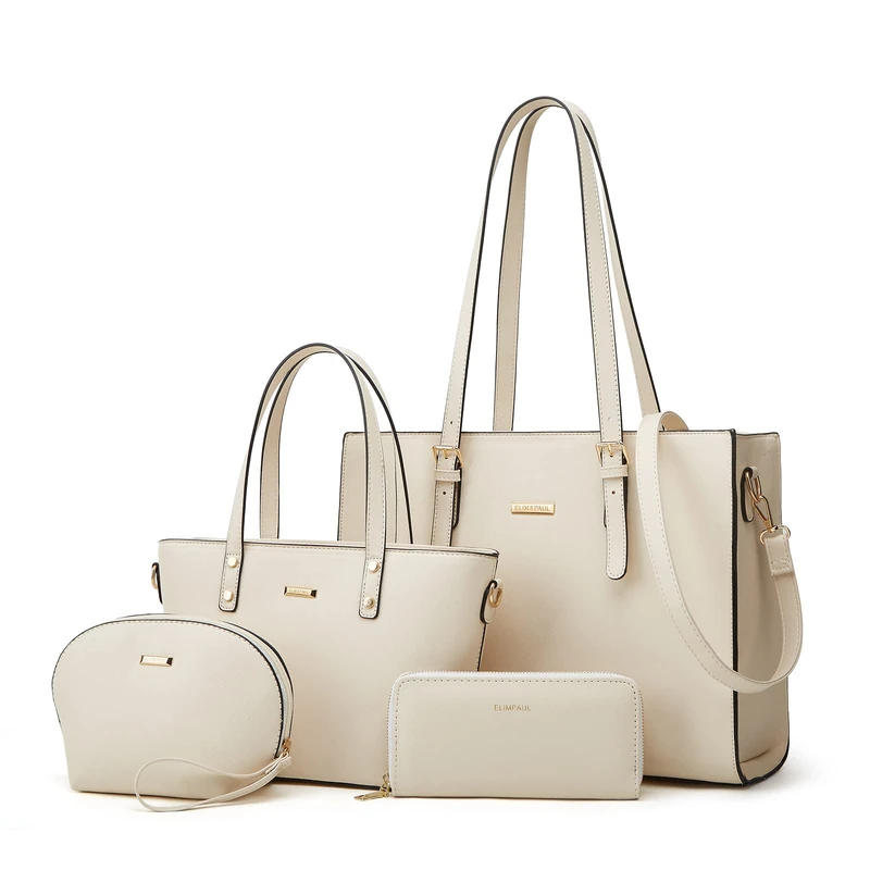 Lovematch Women Fashion Synthetic Leather Handbags Tote Bag Shoulder Bag Top Handle Satchel Purse Set 4pcs, Beige-a, L - Image 1