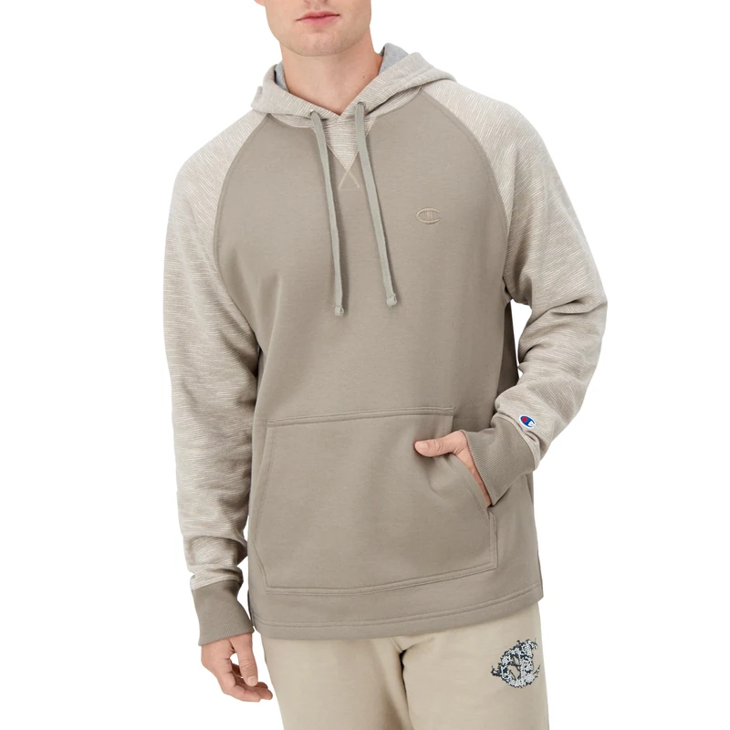 Champion Men's Hoodie, Powerblend, Fleece Comfortable Hoodie, Sweatshirt for Men (Reg. Or Big & Tall), Sandalwood Grey Stripe C Logo, L