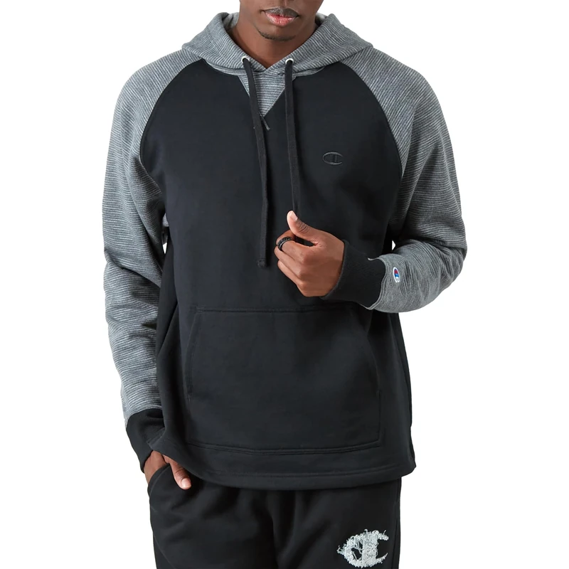Champion Men's Hoodie, Powerblend, Fleece Comfortable Hoodie, Sweatshirt for Men (Reg. Or Big & Tall), Black/Black/Manhattan Mist C Logo, M