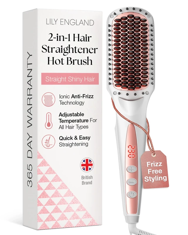 Lily England Ionic Hair Straightener Brush for Women - Anti-Scald Design with Fast Heating Adjustable Temperatures Ranging from 80-230 °C - Hot Straightening Brush for Hair Styling in Rose Gold