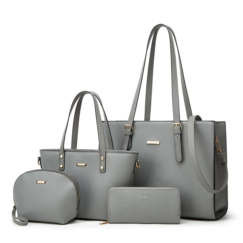 Lovematch Women Fashion Synthetic Leather Handbags Tote Bag Shoulder Bag Top Handle Satchel Purse Set 4pcs, Grey-a, L