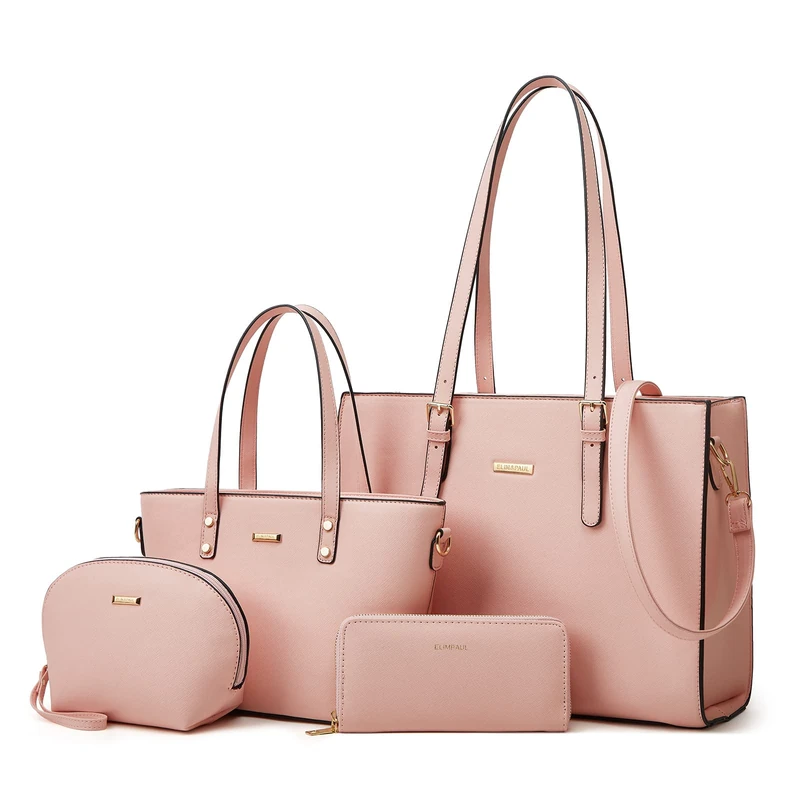 Women Fashion Synthetic Leather Handbags Tote Bag Shoulder Bag Top Handle Satchel Purse Set 4pcs, Pink-a, L
