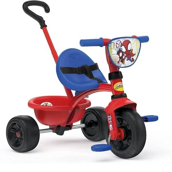 Metal freewheel tricycle with adjustable rear handle and toy basket, Spiderman licensed