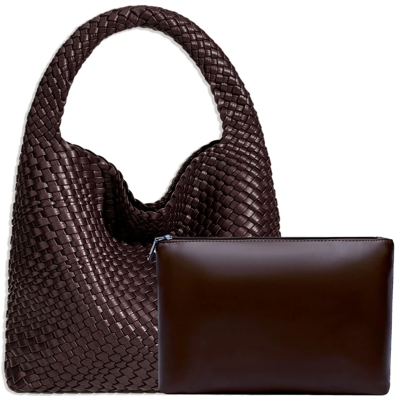 JINMANXUE Women Vegan Leather Hand-Woven Tote Handbag Fashion Shoulder Top-handle Bag All-Match Underarm Bag with Purse, Coffee