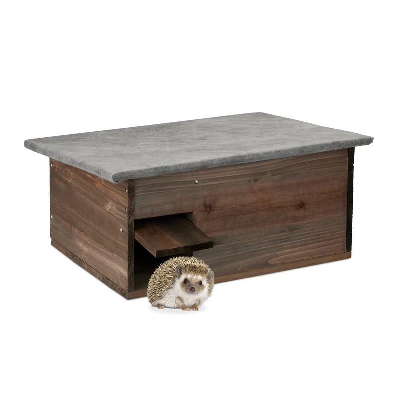 Relaxdays Hedgehog House, with Floor, Flap Door, Labyrinth Entrance, Wooden, Protect, Hutch, HxWxD: 20x45.5x33 cm, Brown