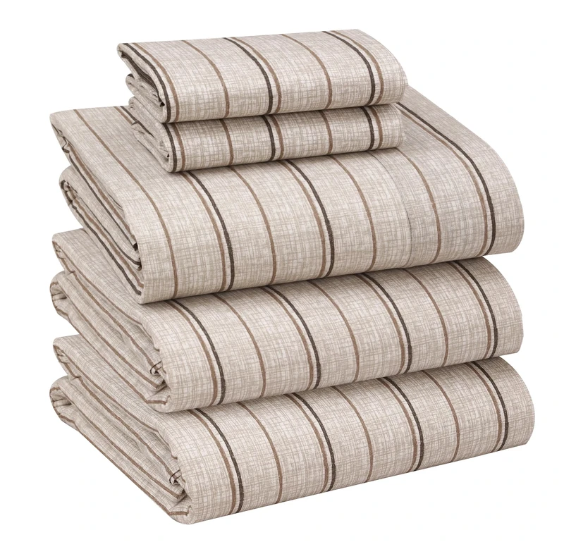 Ruvanti 100% Cotton Sheets - Crispy Cooling Percale Sheets for Split King Size Bed, Breathable & Durable Split King Sheet Set, 16 Inch Deep Pocket, Brown Stripes, 5 Pcs