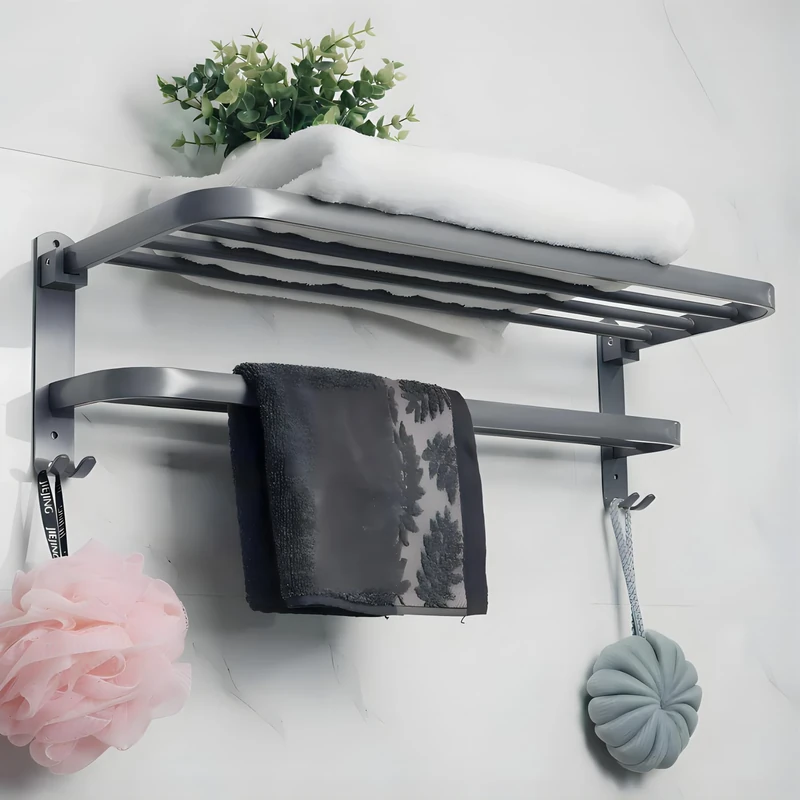 yozhch Grey Towel Rail Wall Mounted Towel Rack Foldable, Bath Towel Rail with Shelf, 2 Tier Towel Holder for Bathroom, 58cm