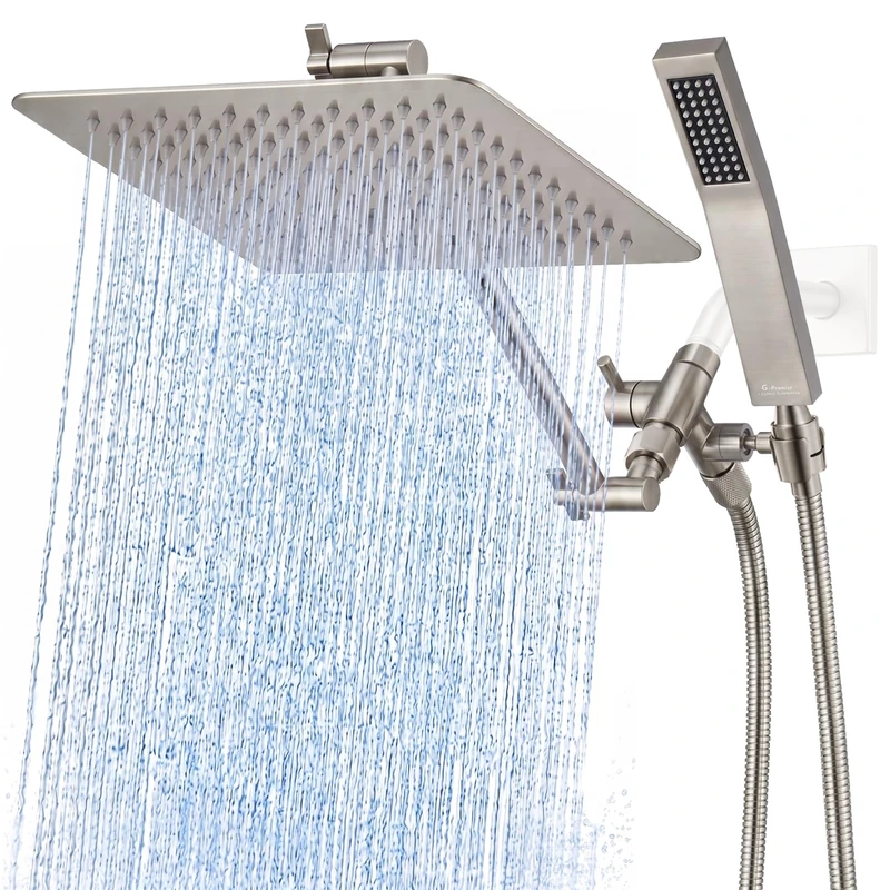 G-Promise All Metal 10" Dual Square Shower Head Combo | Rain Shower Head | Handheld Shower Wand | Adjustable | 3-Way Diverter | 71" Extra Long Hose - A Bathroom Upgrade(Brushed Nickel)
