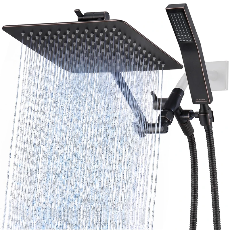 G-Promise All Metal 10 Inch Dual Square Shower Head with Handheld Combo, Rain Shower Head, Adjustable Extension Arm, 3-Way Diverter, 71 Inch Extra Long Hose - A Bathroom Upgrade(Oil Rubbed Bronze)