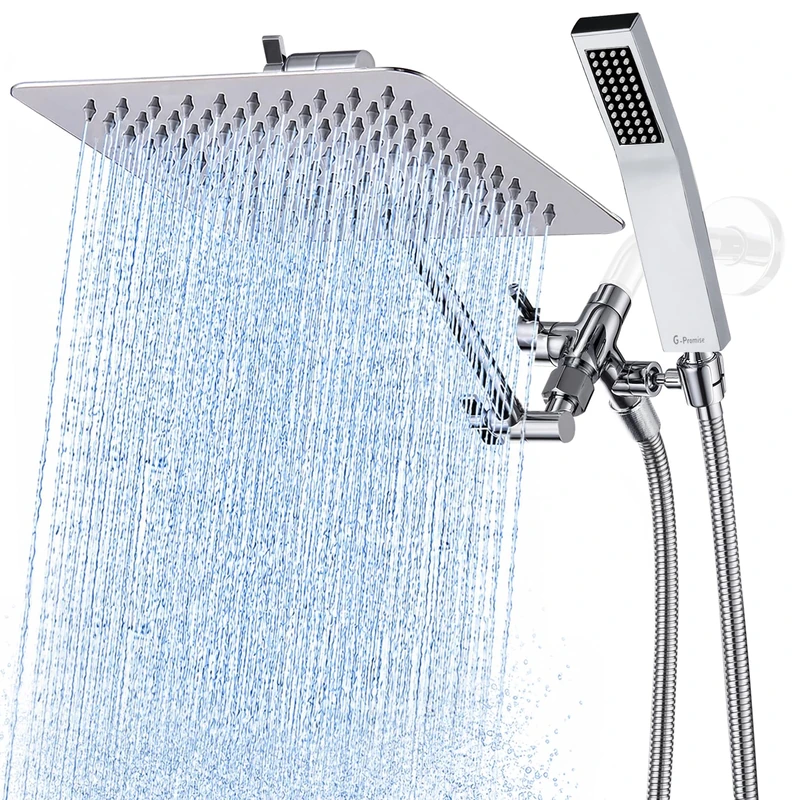 G-Promise All Metal 10" Dual Square Shower Head Combo | Rain Shower Head | Handheld Shower Wand | Adjustable | Smooth 3-Way Diverter | 71" Extra Long Hose - A Bathroom Upgrade (Chrome)