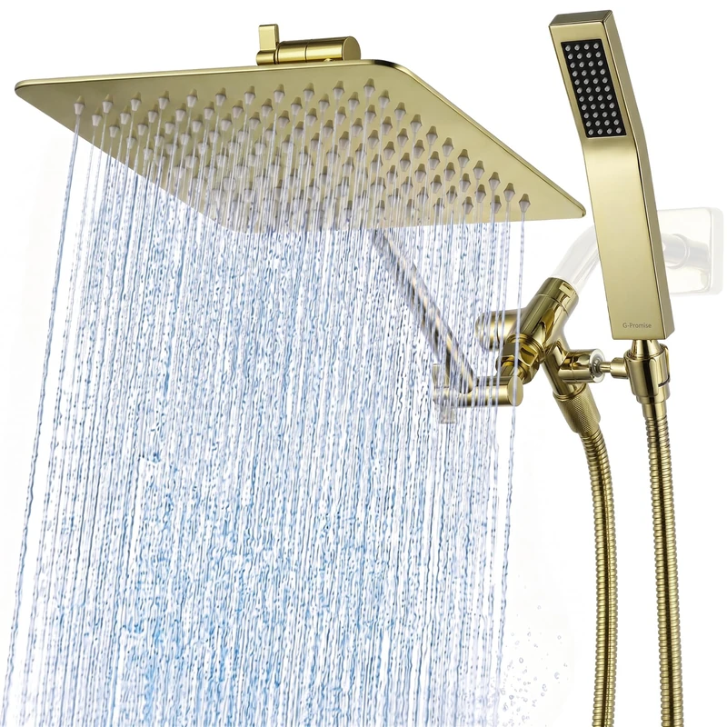 G-Promise All Metal 10" Dual Square Shower Head Combo | Rain Shower Head | Handheld Shower Wand | Adjustable | 3-Way Diverter | 71" Extra Long Hose - A Bathroom Upgrade (Polished Brass)