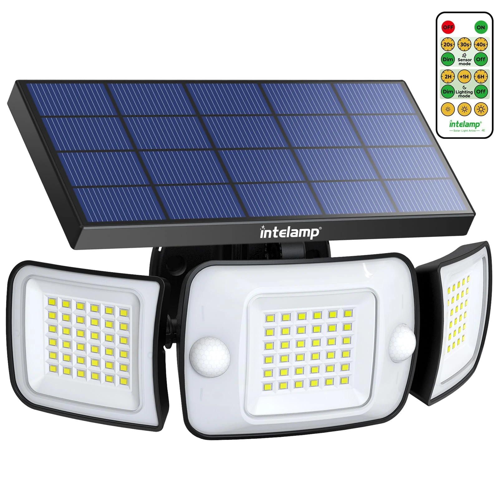 intelamp Solar Security Flood Lights Outdoor Motion Sensor with Remote Control,Waterproof Outdoor Solar Light, 6000mAh Battery 4W Solar Panel 3M Cable 2 Sensors Solar Lights for Garden Pathway