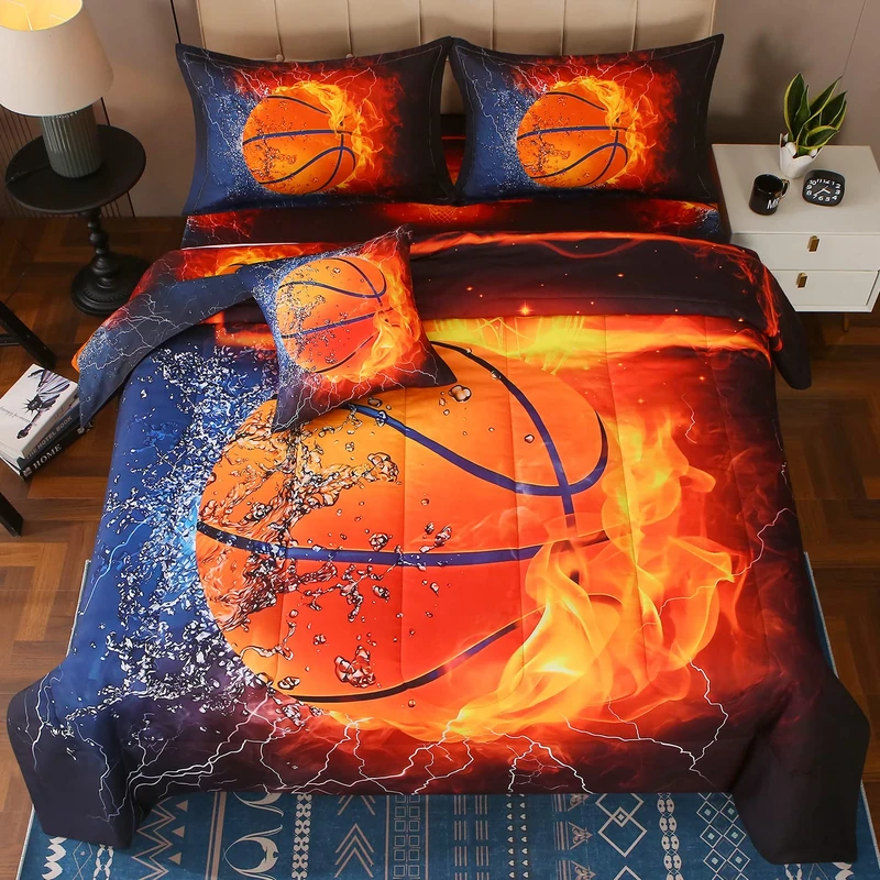 JQinHome Twin Basketball and Fire Comforter Sets for Boys,6 Piece Bed in A Bag Sport Themed Bedding -All Season Soft Microfiber Bedding Sets f, with Pillowcase, Flat Sheet, Fitted Sheet,Cushion Cover