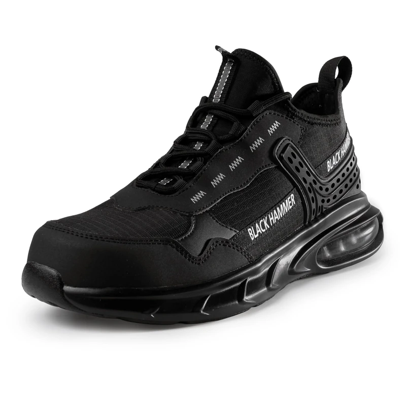 Black Hammer Lightweight Safety Trainers for Men - Air Bubble Comfort, Non-Slip Work Shoes, Steel Toe Cap with Pull Tie Laces Day Wear 5599 Black (9 UK)