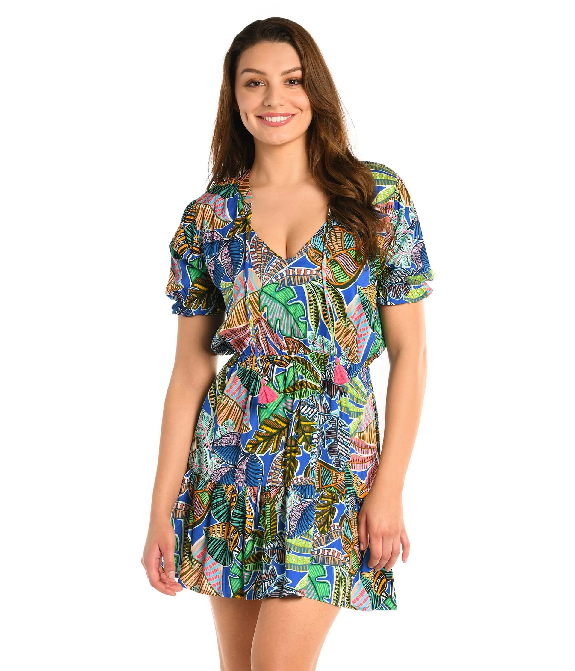 La Blanca Womens Short Sleeve Mini Dress Swimsuit Cover Up, Multi//Neon Nights, XS
