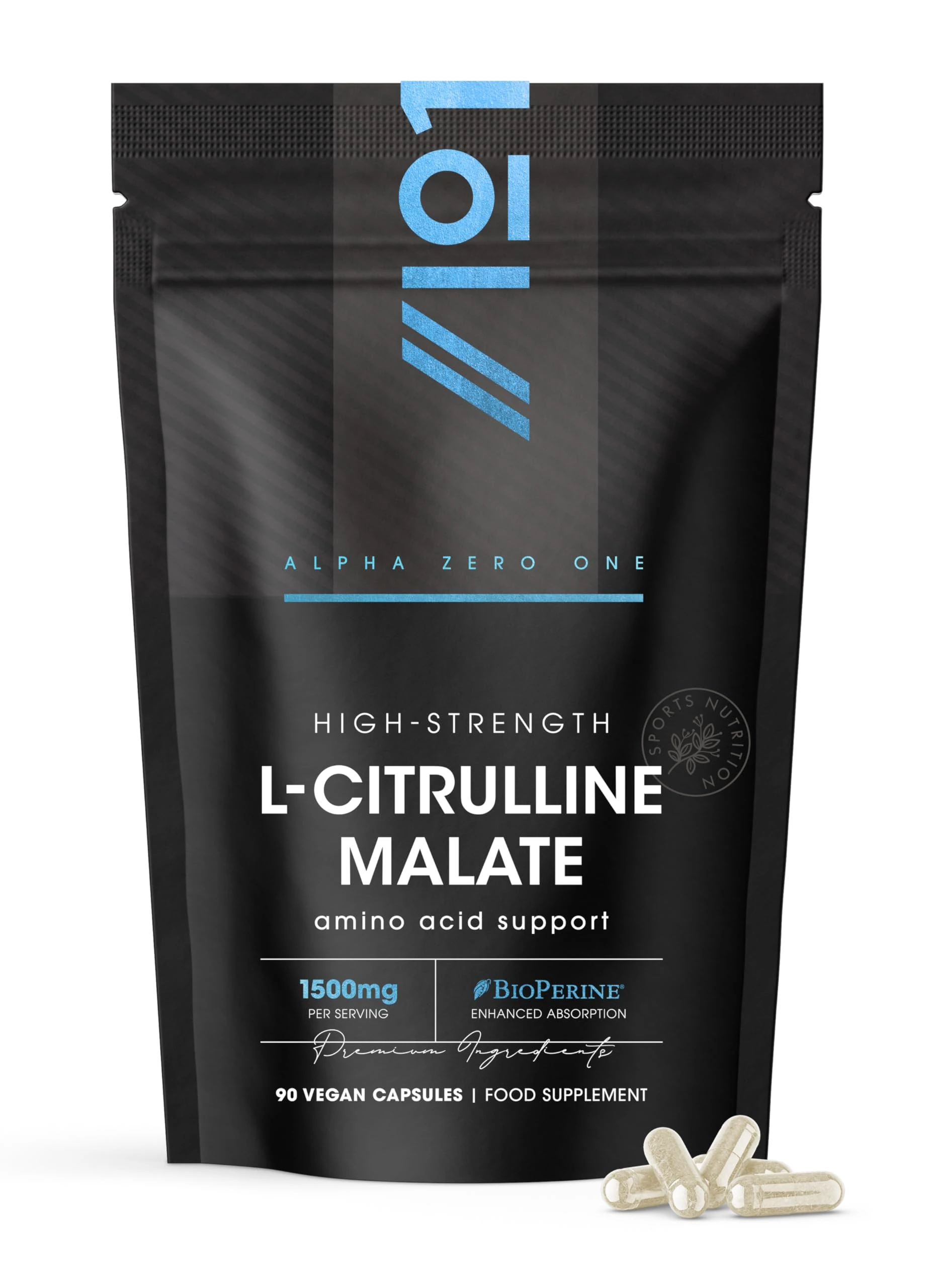L-Citrulline Malate 1500mg with BioPerine® - 90 Vegan Capsules - High Strength Fermented Amino Acid Supplement - 45 Day Supply - Resealable and Recyclable Pouch by Alpha01