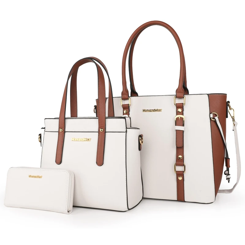 Montana West 3PCS Purses for Women Tote Purse and Wallet Set Shoulder Satchel Bags, 2 Tone Beige & Brown