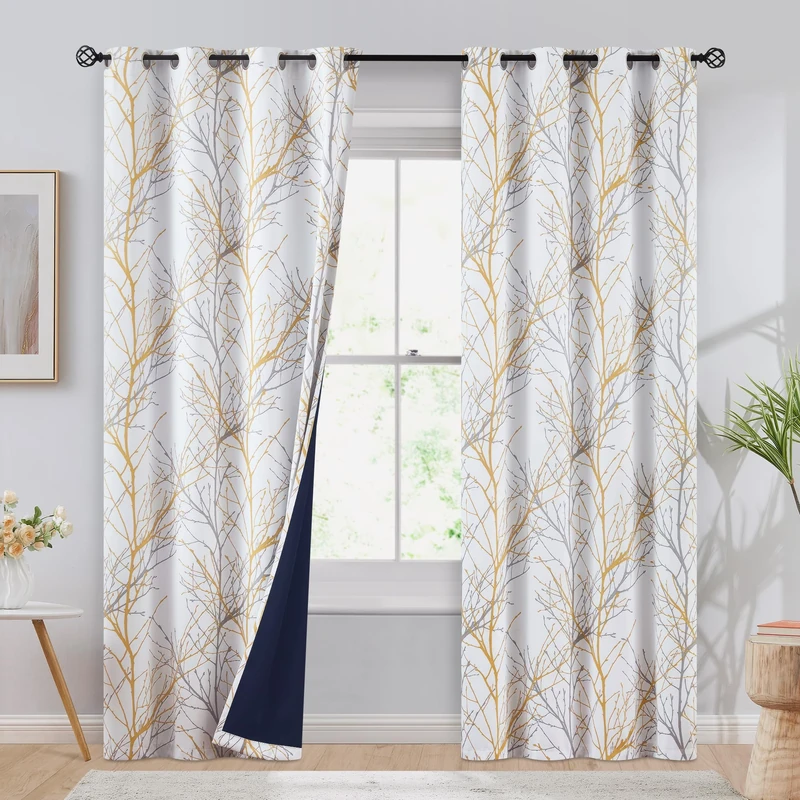 FMFUNCTEX 100% Blackout Curtains for Living Room, Yellow White Tree Curtains 108 Inches Long for Bedroom, Extra Long Farmhouse Window Curtain Panels, Room Darkening Drapes Grommet Top 2 Panels