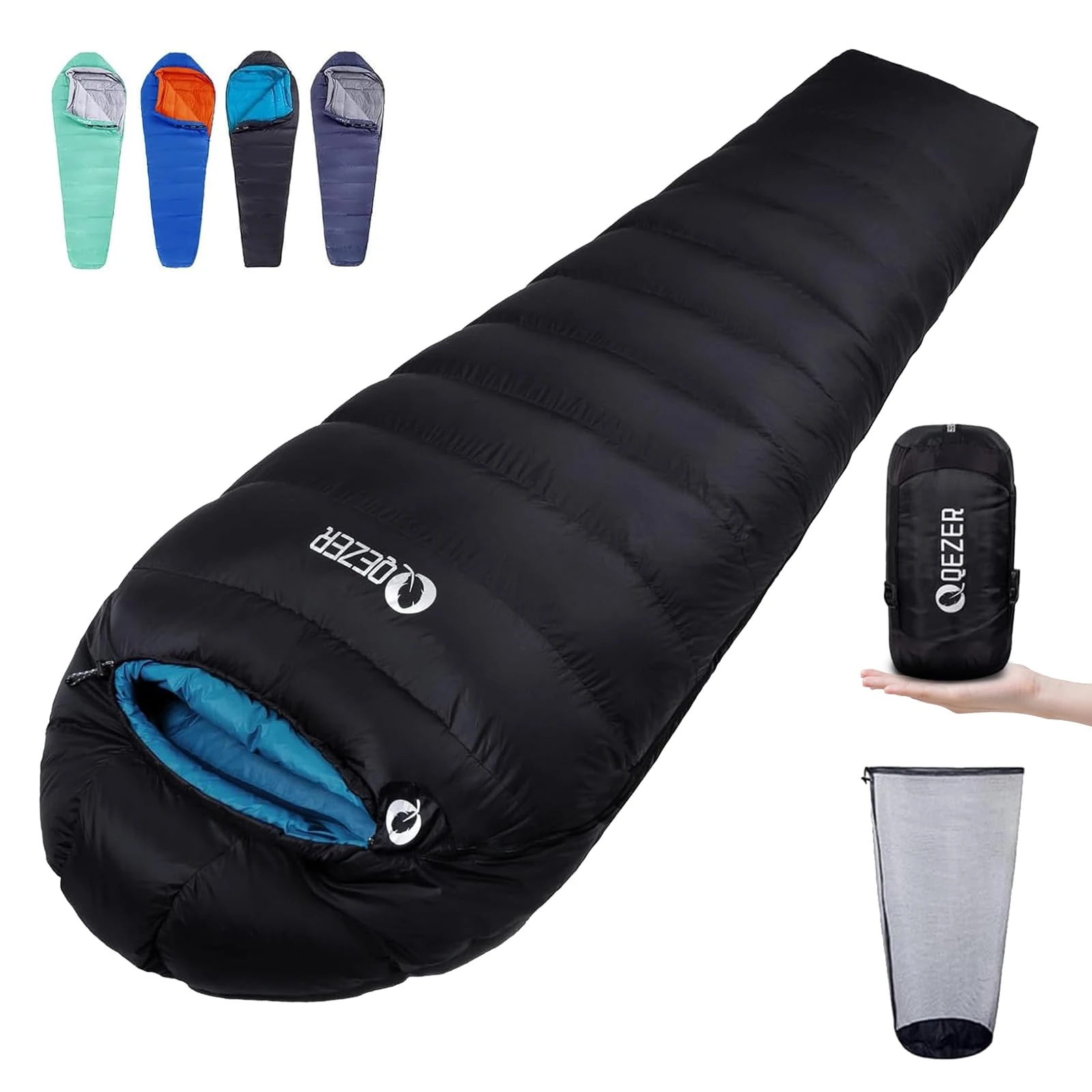 QEZER Down Sleeping Bag 4 Season, Lightweight Winter Sleeping Bag 0 Degree to -12 Degree C for Adults and Kid Camping, Hiking and Backpacking Outdoor Filled 600+FP Down (Black)