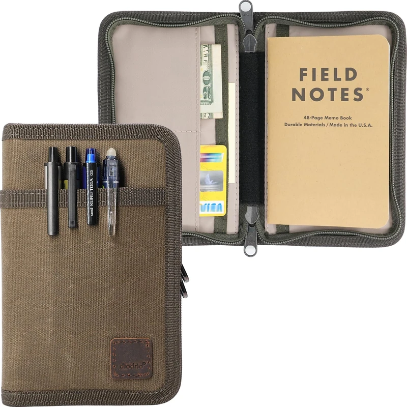 diodrio Field Notes Notebooks Cover for 3.3 x 5.5 Pocket Notebook Journal with Pen Holder, Water Resistant Zipper Cover for 3.5 x 5.5 Field Journal Planner Sketchbook, Waxed Canvas, Olive.