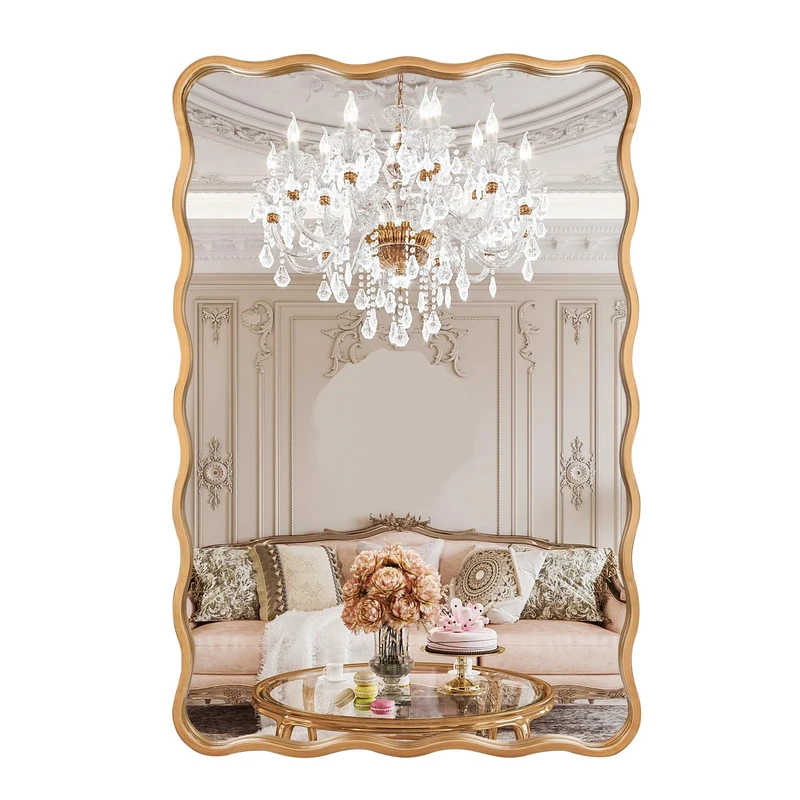 Varsoul 24 * 36 Inch Gold Ripple Rectangle Bathroom Mirror Wall Mounted Large Modern Countryside Suitable for Washroom, Bedroom, Living Room, Entryway