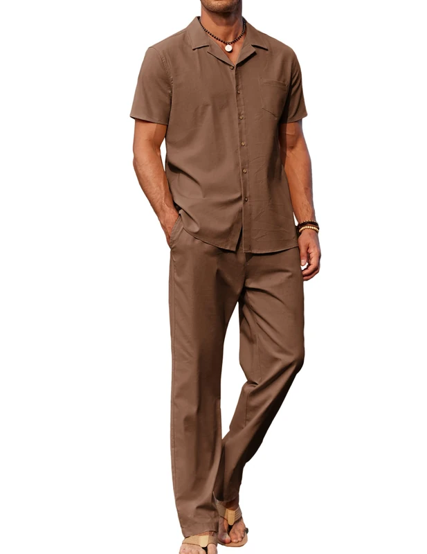 COOFANDY Men 2 Piece Linen Outfit Beach Button Down Shirt Casual Loose Pant Sets, Brown, Large