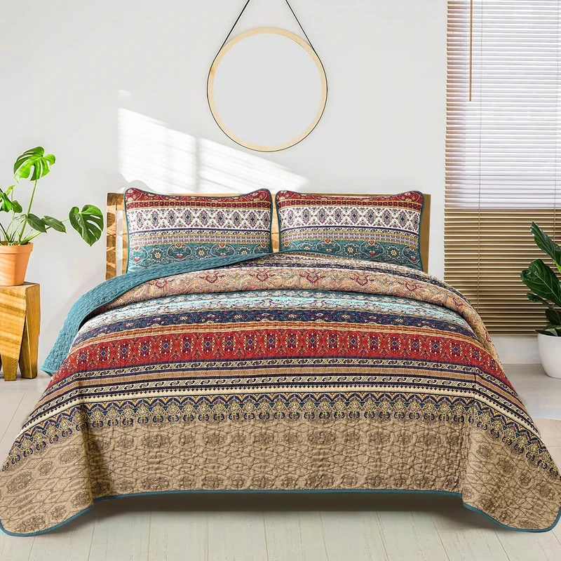WONGS BEDDING Boho King Quilt Set, Green and Brown Bohemian King Quilt Bedding Set, Lightweight Microfiber Bed Decor Bedspread for All Season 103"x90"(3 Pieces)