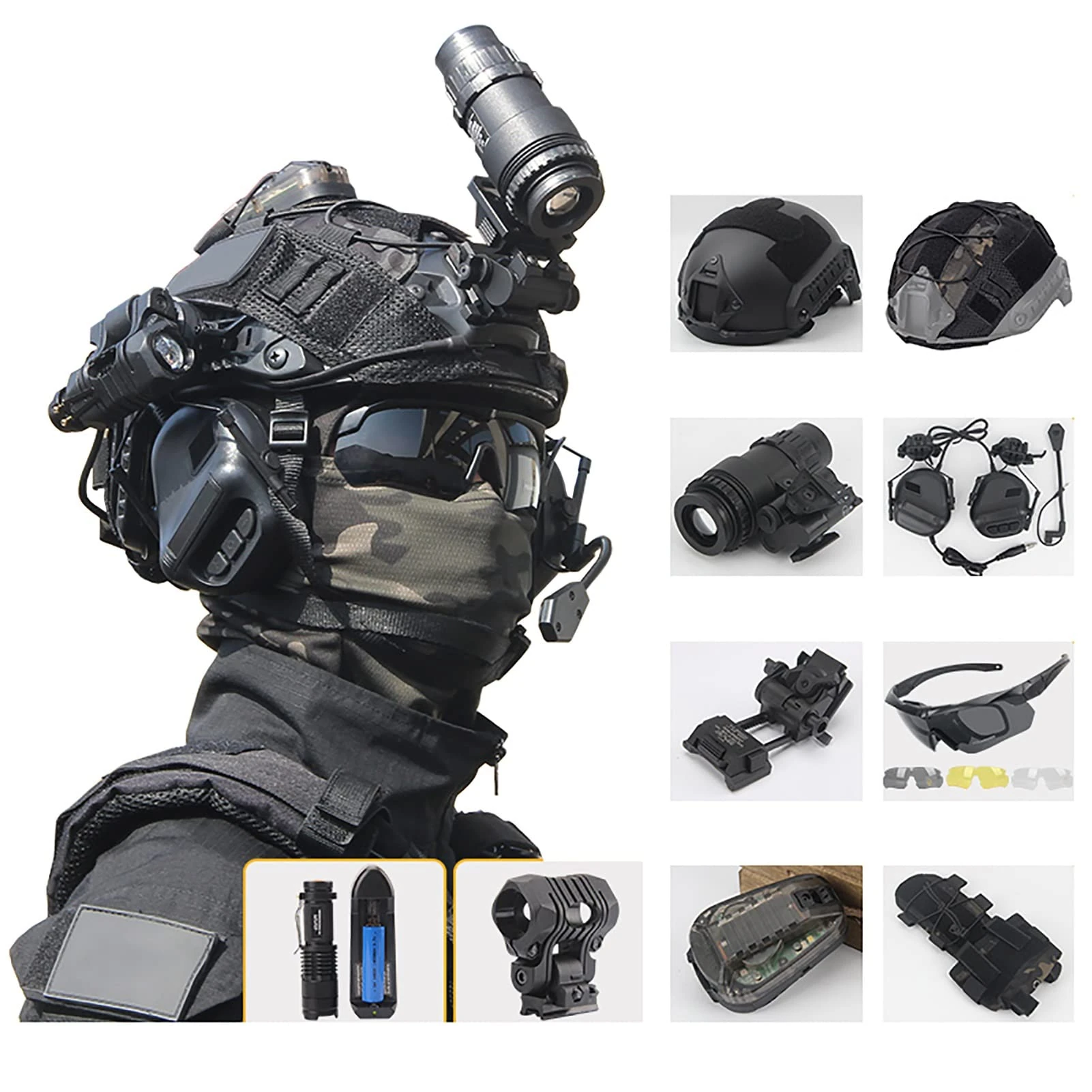 XLLYBZ Tactical Fast Helmet Set, Tactical Goggles NVG Mount Telescope Model Tactical Gear, for Airsoft Outdoor Paintball Protective Hunting (Color : Black, Size : E)