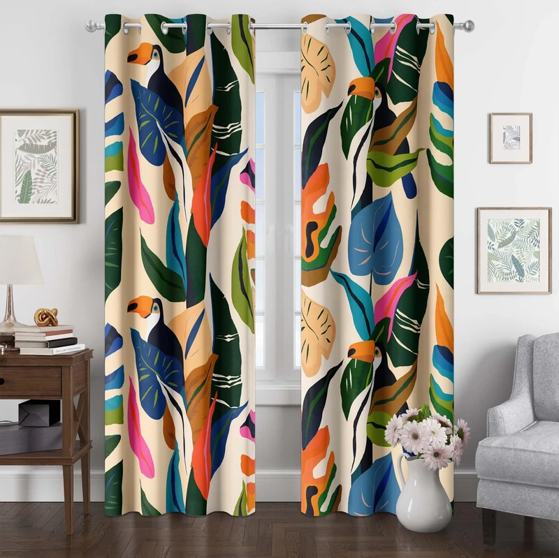 tubeamin Colorful Tropical Plant Curtains Abstract Palm Leaf Window Treatments 63 inch Long Decor Boho Jungle Toucan Birds Grommet Room Darkening Curtain for Kids Bedroom, Living Room, Art Gallery