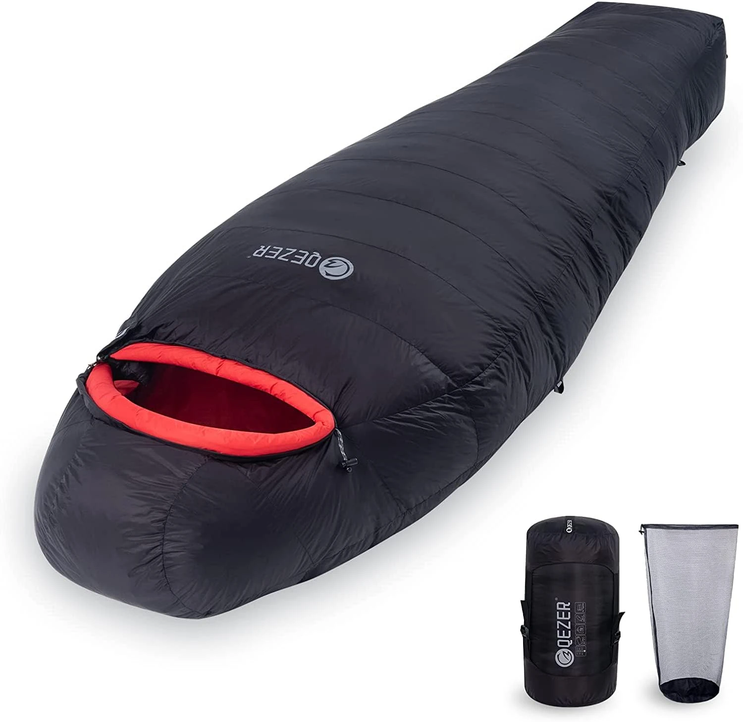 QEZER Winter Sleeping Bag for Adults, Lightweight Down Sleeping Bag -20 Degree C for Cold Weather Camping and Mountaineering Outdoor with 650 FP Duck Down (Black, 1500g down)