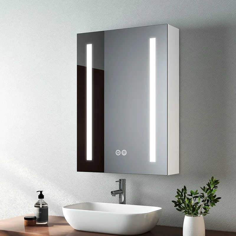 EMKE Led Bathroom Mirror Cabinet, Bathroom Wall Mirror Cabinet with Led Lights with Shaver Socket, Illuminated Mirror Cabinet with Dimmable, Memory Function 50L x 70H x 14.5D cm