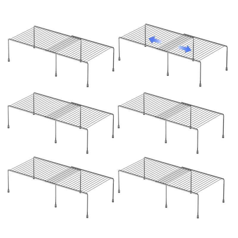 Redrubbit Cabinet Storage Shelf Rack, 4 Piece Expandable Metal Rustproof Kitchen Counter and Cabinet Shelf, Storage Rack Organizer Space Saver for Kitchen, Fridge, Cabinet, Bathroom, Chrome, Set of 6