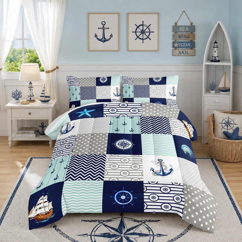 HOSIMA Nautical Comforter Set Queen,Plaid Patchwork Ocean Themed Bedding Sailboat and Anchor Print Kids Bedding Set for Boys Adult Kids Girls,Navy Blue Comforter Queen Size with 2 Pillow Shams.