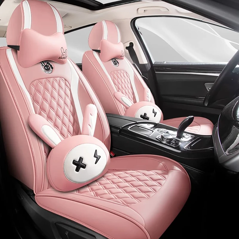 BBKVF Cute Cartoon Rabbit Car Seat Covers5 Set with Waterproof PU Leather for Cars SUV Pick-up Truck Universal Fit Set (Cartoon Pink)