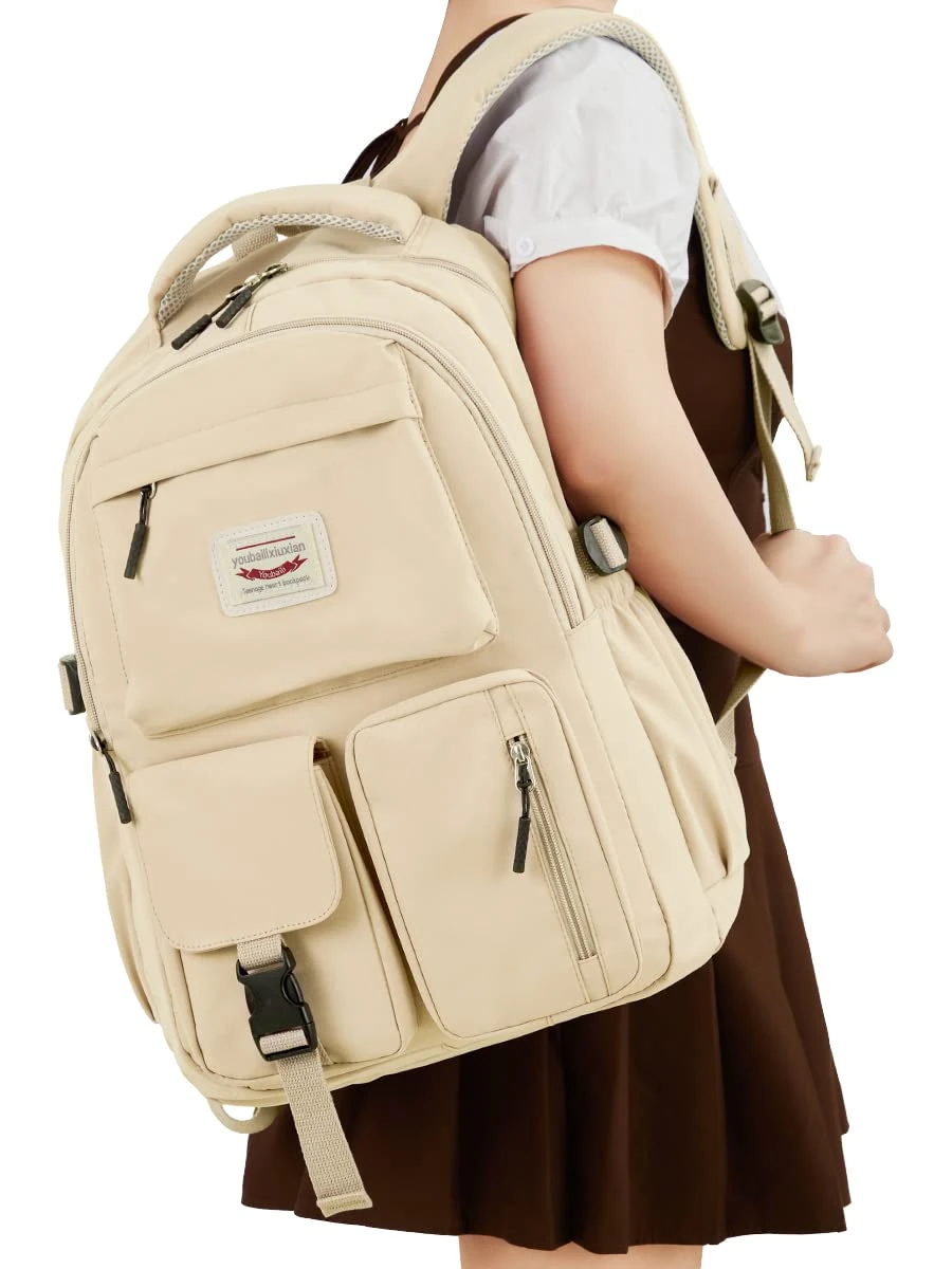 FIORETTO Lightweight School Backpack Womens, Cute School Bag for Teenager Girls, 15.6 Laptop Rucksack Backpack for School Casual Daypacks Travel Backpack for College Work Beige 25L