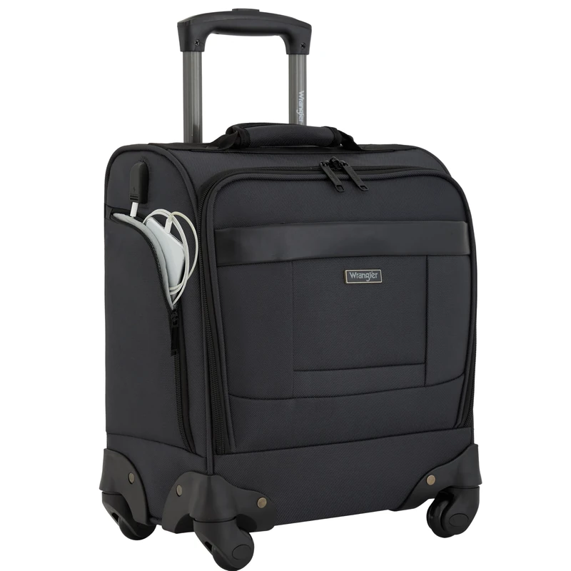 Wrangler 15" 4-Wheel Spinner Underseat Carry-on Luggage with Side USB Port, Charcoal, 15-Inch Underseat Carry-On, 15" 4-Wheel Spinner Underseat Carry-on Luggage with Side USB Port