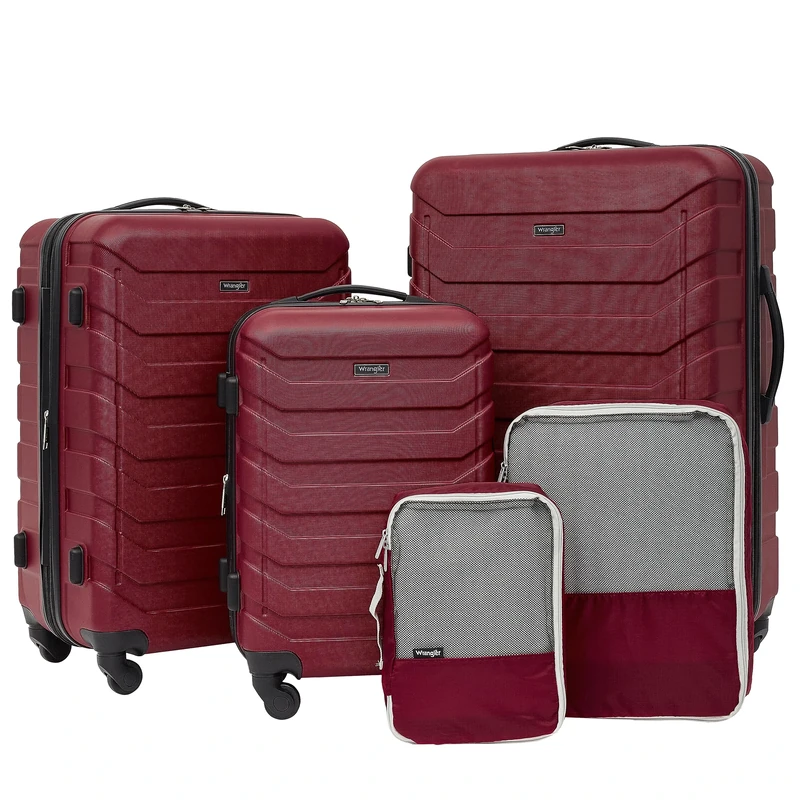 Wrangler Red 5 Pc Luggage Set, 5 Piece Set, 28" Check In Suitcase, 24" Check In Suitcase, 20" Carryon, 2 Packing Cubes, 4 Wheel Spinner, Expandable, Water Resistant, ABS Material
