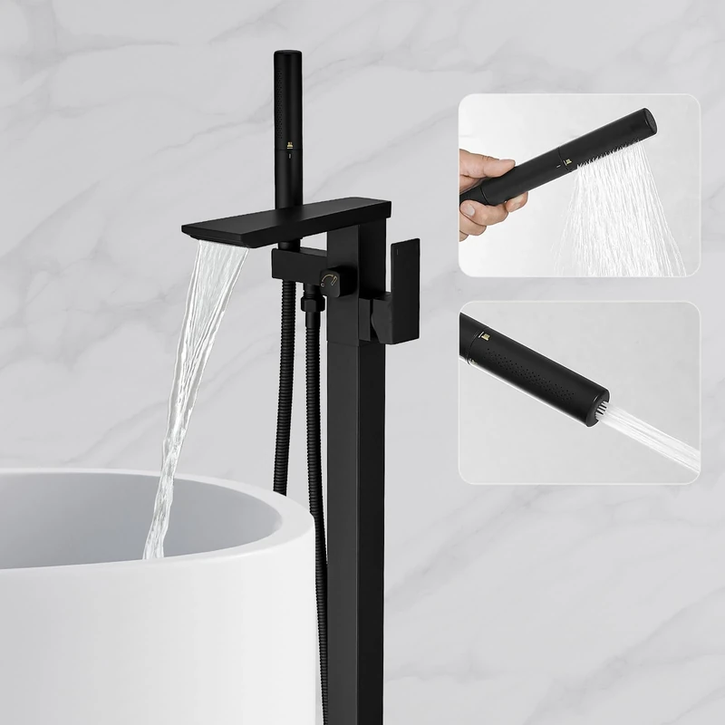 RUMOSE Matte Black Bathtub Filler Freestanding Tub Filler Floor Mount Tub Faucet Waterfall Free Standing Bathtub Faucet High Flow Brass Bath Shower Faucets with Handheld Sprayer