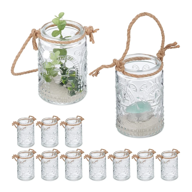 Relaxdays Candle Lanterns, Set of 12, Glass, with Handle, Indoors & Outdoors, Tealight Holders, 10.5 x 7 cm, Clear/Brown