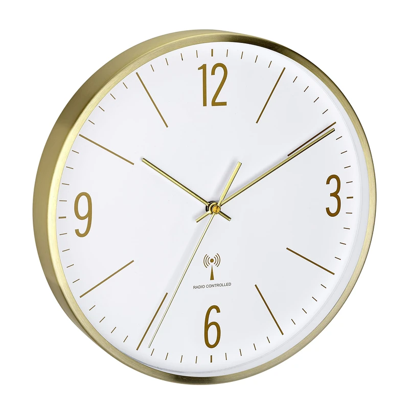 TFA Dostmann Analogue Radio-Controlled Wall Clock, 30 cm, Golden Metal Frame, Quiet Movement, Modern Design, with Glass Cover, Gold