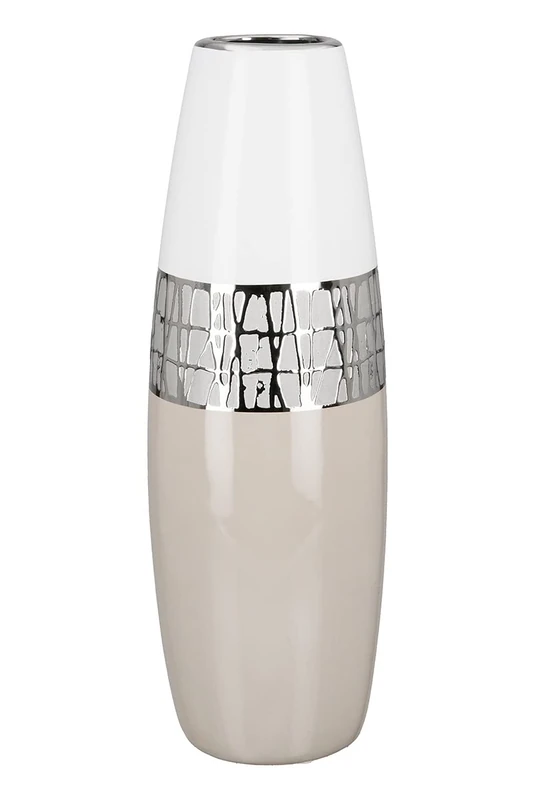 GILDE Decorative Vase for Pampas Grass - Ceramic Cone Vase - Decorative Living Room Gift for Women Birthday Mother's Day - Colour: White Silver Beige Height 36 cm
