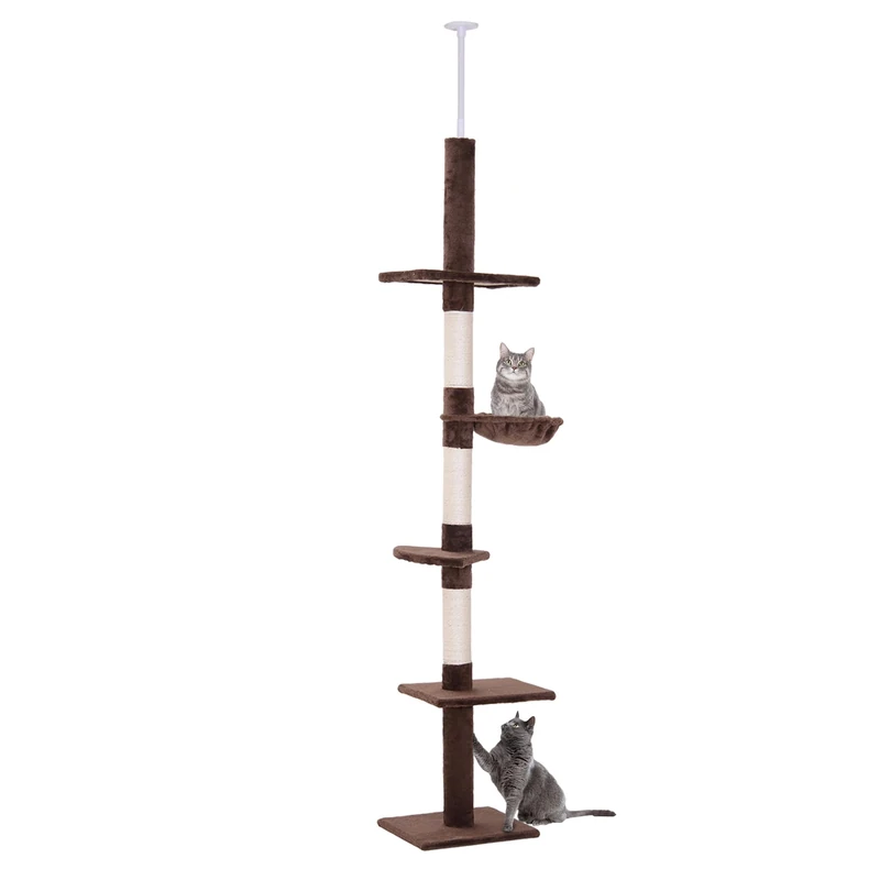 PawHut Floor to Ceiling Cat Tree - 5-Tier Brown Kitty Tower