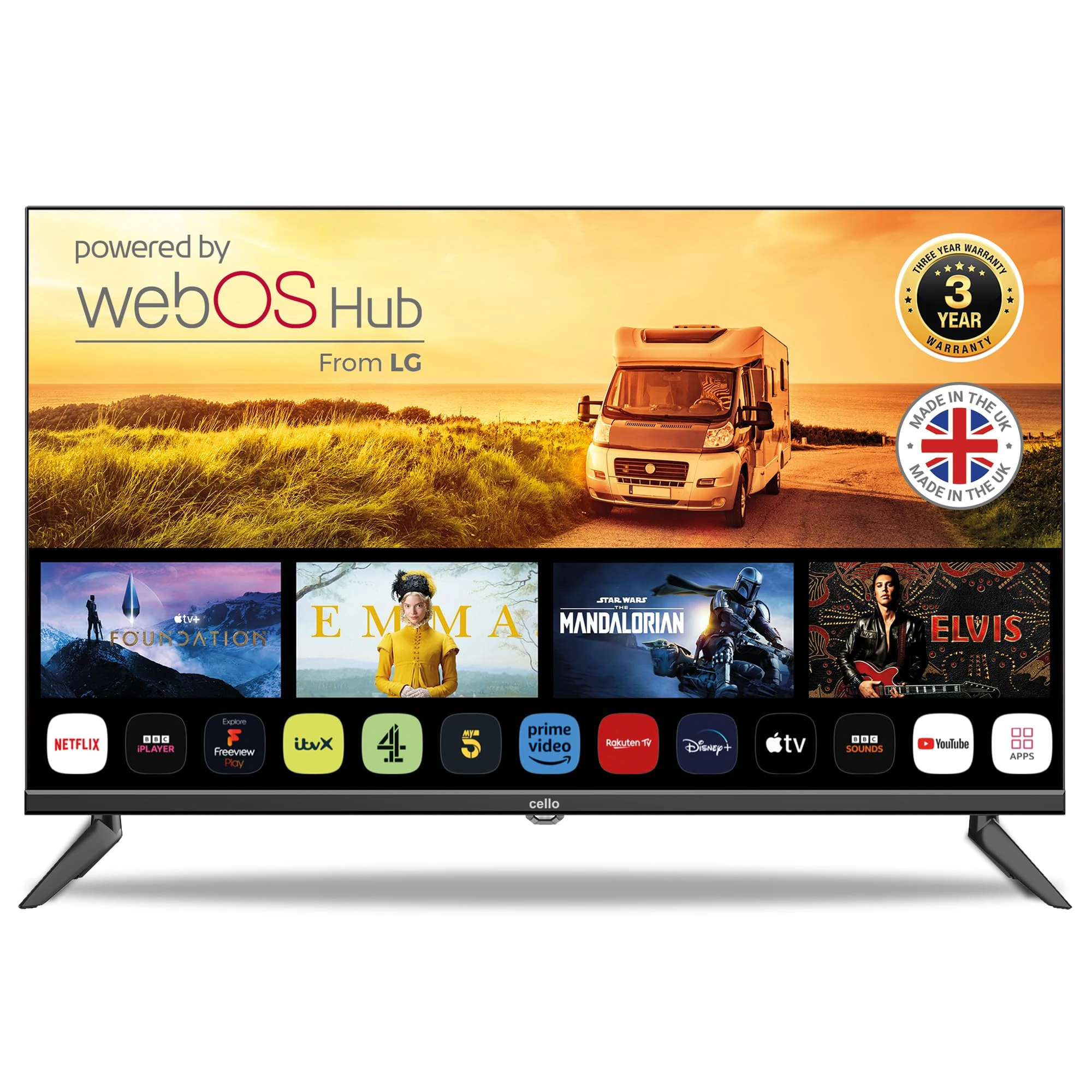 Cello 12 Volt 32 inch Traveller Smart TV Made in UK Ultrafast WebOS, Freeview Play, FreeSat, Bluetooth, Netflix, Prime Video, Apple TV, BBC. Campervans, Motorhomes, HGVS.