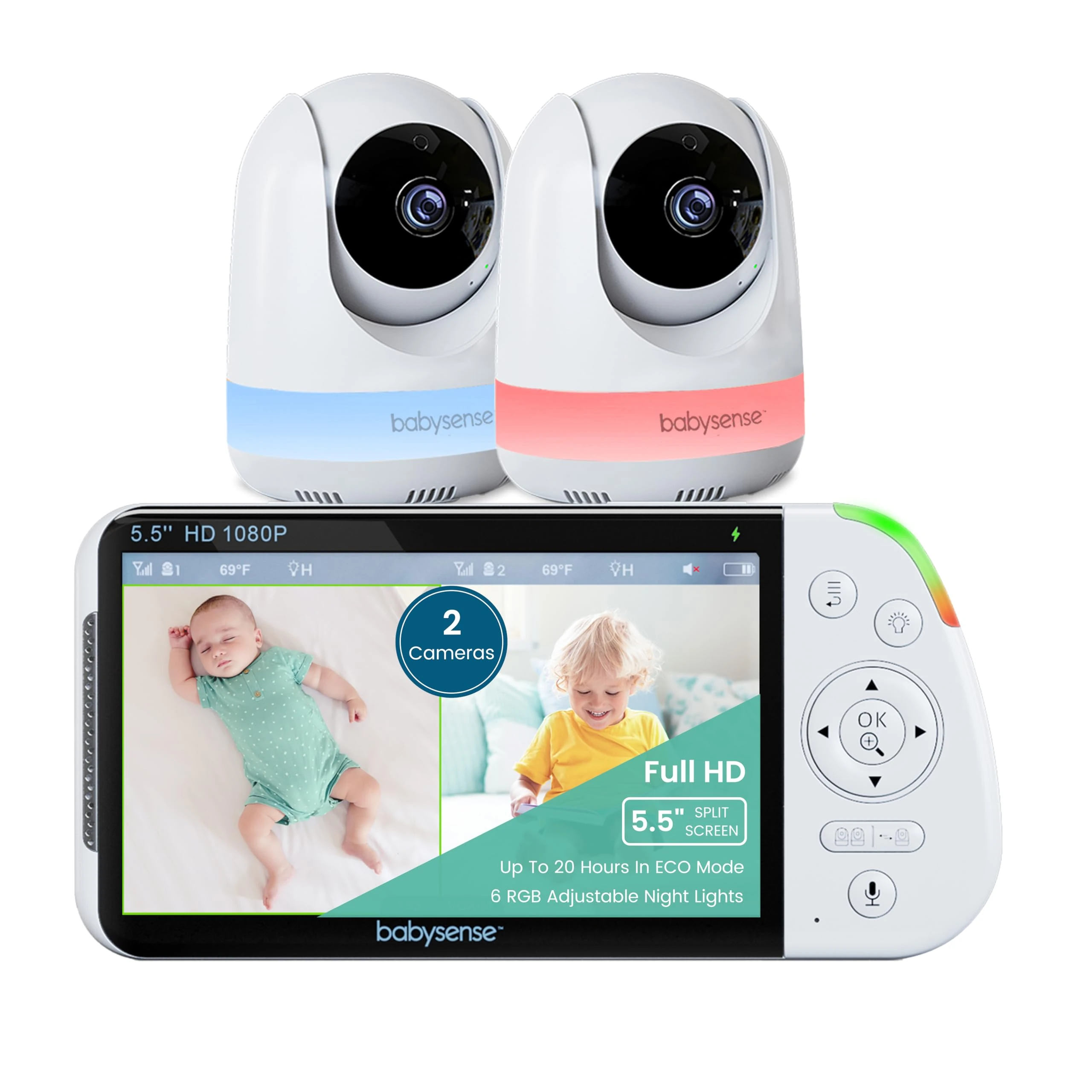 Babysense 5.5” 1080p Full HD Split-Screen Baby Monitor, Video Baby Monitor with Camera and Audio, Two PTZ Cameras, RGB Night Light, 300m Range, Two-Way Audio, 4x Zoom, 5000mAh Battery
