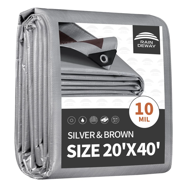 RAINDEWAY Large Tarp 20x40 Feet,Heavy Duty Waterproof,10Mil Thick Multipurpose Tarps Cover with Metal Grommets and Reinforced Edges,Silver/Brown Tarp